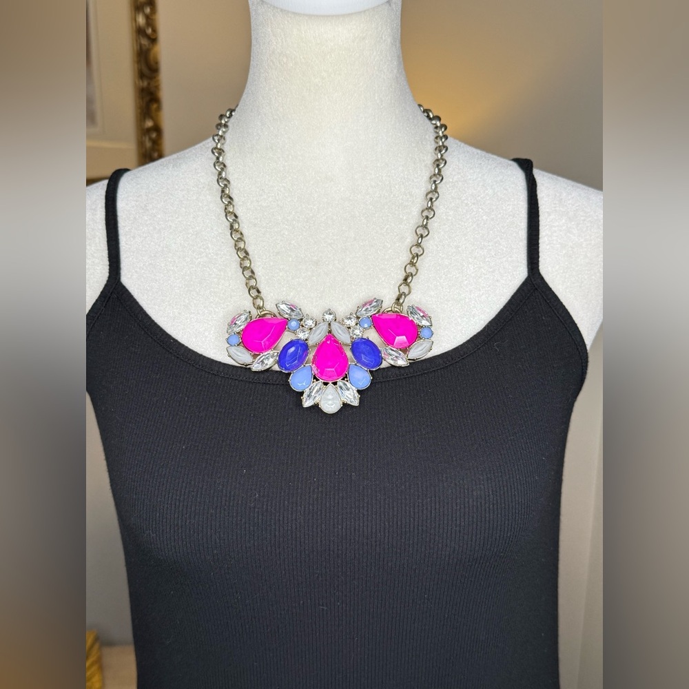 J.Crew Statement Necklace Hot Pink Blue Crystal Bib Chunky Silver Tone Glam
